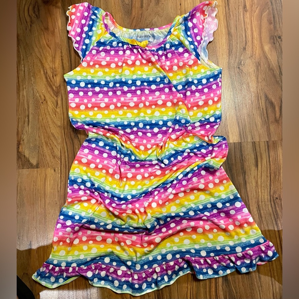 Girls fire retardant lng gown XL Short ruffle sleeves bright/colorful polka Dots